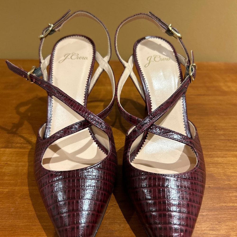 J Crew Oxblood Animal Print Leather Slingbacks